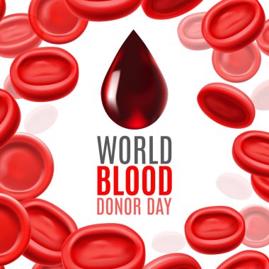 Metinli Kan Hücreleri Şablonu. Tıp Merkezi ve Laboratuvar Afişleri Reklam Sayfaları için Gerçekçi Stil Kan Hücresi Arkaplanı. Vektör İllüstrasyonu