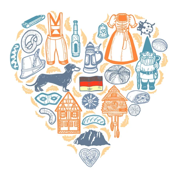 German Symbols Heart Composition Template Hand Drawn Style Surface Design — Stock Vector