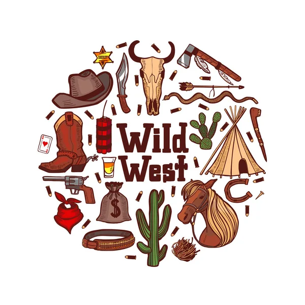 stock vector Round Composition with Wild West Elements in Hand-Drawn Style