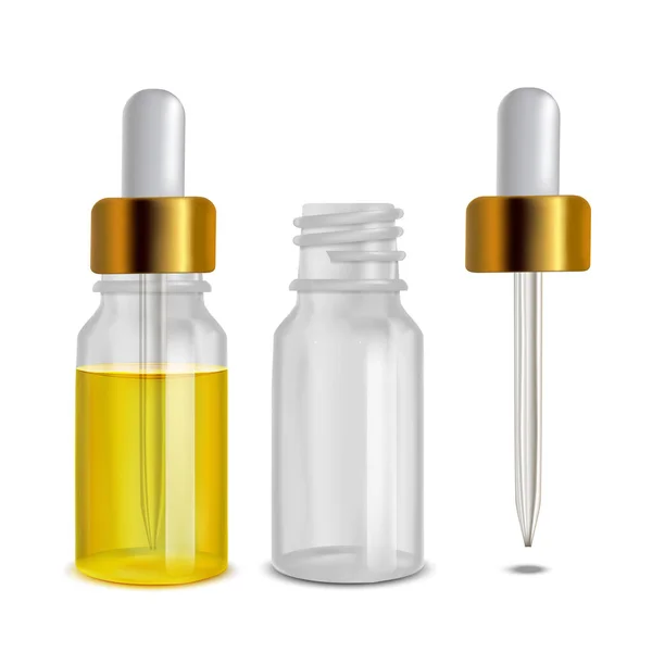 パイプ付きのガラスボトル 化粧品スキンケア医療製品エッセンシャルオイルデザインのプレゼンテーションのためにブランクモックアップ ベクトル分離されたイラスト — ストックベクタ