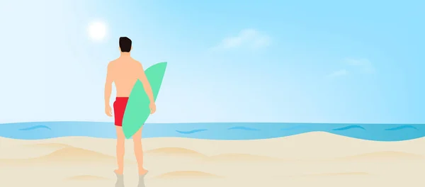 Homem Segurando Prancha Surf Praia Férias Temporada Verão Desfrutando Vetor — Vetor de Stock