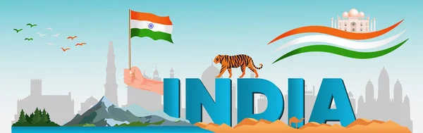 Indiens Självständighetsdag Banner Med Nationell Flagga Och Monument — Stockfoto