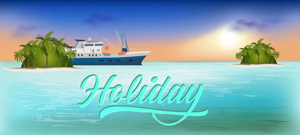 Θάλασσα Σκάφος Και Νησί Ευτυχισμένη Διακοπές Εικονογράφηση Αφίσα — Φωτογραφία Αρχείου