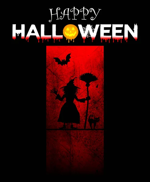 Eng Heks Staan Deur Met Kat Vleermuis Gelukkig Halloween Poster — Stockfoto