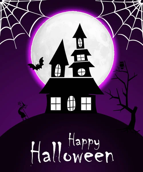 Feliz Halloween Cartel Luna Llena Con Casa Embrujada Para Tarjeta — Foto de Stock