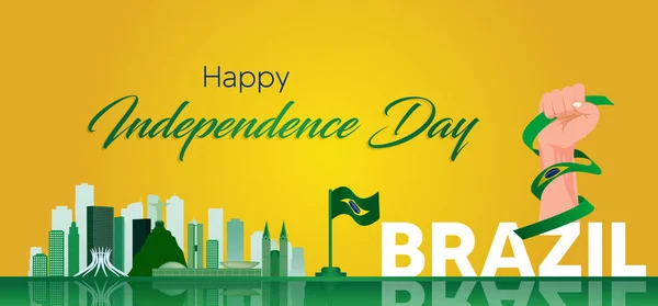 Brasilien Självständighetsdag Affisch Med Stadsbild Och Brasiliansk Flagga Hand Hålla — Stockfoto