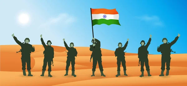 砂漠のベクターのポスターに旗を掲げるインド軍 — ストックベクタ