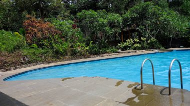 Açık yüzme havuzu ağaçların arasında. İçinde bir çocuk yüzüyor..