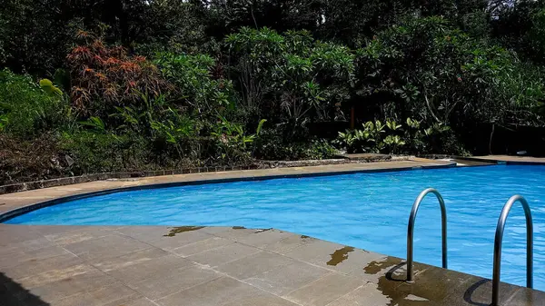 Açık yüzme havuzu ağaçların arasında. İçinde bir çocuk yüzüyor..