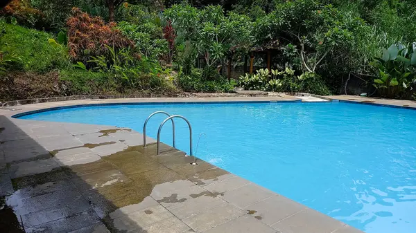 Açık yüzme havuzu ağaçların arasında. İçinde bir çocuk yüzüyor..