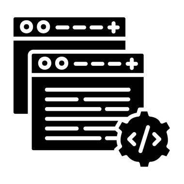 Program simgesi programlanıyor. Kodlama işareti. Geliştirme. yazılım kodu. Web sitesi sayfası. Kod sembolü programlanıyor. Silüet vektör tasarımı. düz izole resimleme