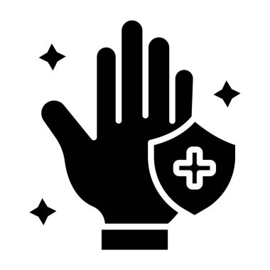 Tıbbi koruyucu eldivenler ve kalkan simgesi olan bir el.