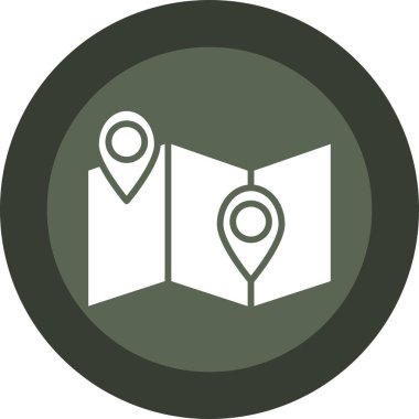 Harita işaretleyici simgesi. Vektör biçimi iki renkli sembol, gri ve gri renkler, beyaz arkaplan, koyu arkaplan.