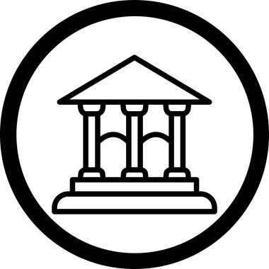 Banka binası vektör simgesi. biçim düz simge, sembol, siyah renk, beyaz arkaplan.