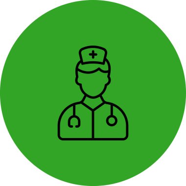 Hemşire ikonu. Vektör simgesi düz semboldür. yuvarlak yeşil çizim, yuvarlak açılar, beyaz arkaplan.