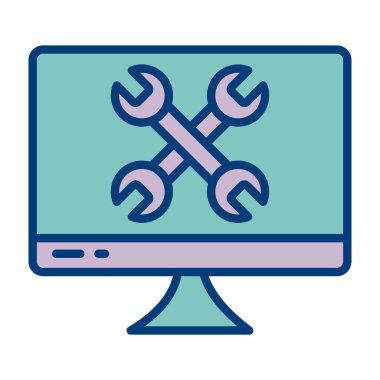 beyaz arkaplan üzerinde ingiliz anahtarı simgesi olan bilgisayar ve tornavida, satır biçimi, vektör illüstrasyonu