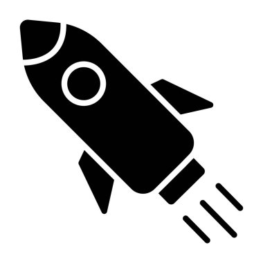 Roket fırlatma simgesi. Vektör biçimi düz simge, siyah renk, beyaz arkaplan.