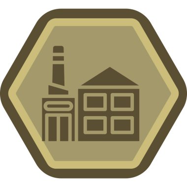 Fabrika inşa vektör simgesi. Bu düz yuvarlak sembol yumuşak kahverengi renklerdir ve beyaz bir arkaplanda izole edilmiştir..