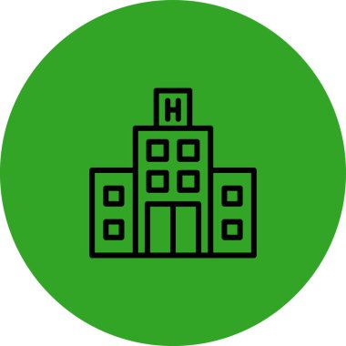 Hastane binası vektör ikonu. biçim düz yuvarlak sembol, eko yeşil renk, yuvarlak açılar, beyaz arkaplan.