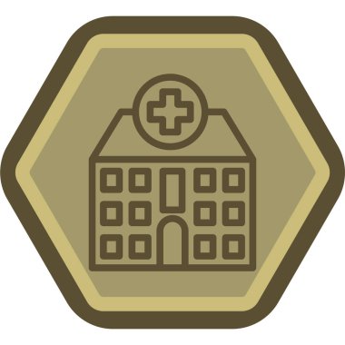 Hastane vektör ikonu. biçim düz yuvarlak sembol, sarı ve gri renkler, yuvarlak tuş, beyaz arkaplan