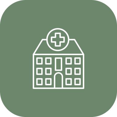 Hastane vektör simgesi. Stil düz yuvarlak kare düğme, yeşil ve gri renkler, beyaz arka plan