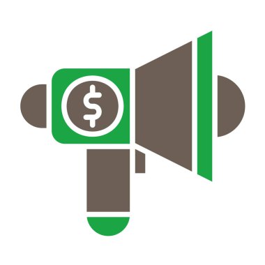 Megafon dolar vektör ikonu. biçim iki renkli düz sembol, yeşil ve gri renkler, yuvarlak açılar, beyaz arkaplan