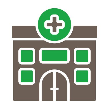 Hastane Binası glif simgesi. Tarzıdır bicolor düz sembolü, eko yeşil ve gri renkler, yuvarlak açılar, beyaz arka plan.