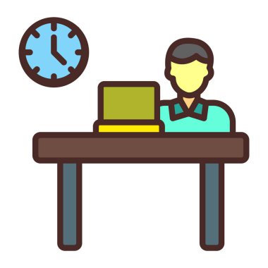 Dizüstü bilgisayarı ve saat vektör çizimi olan bir ofis çalışanı.