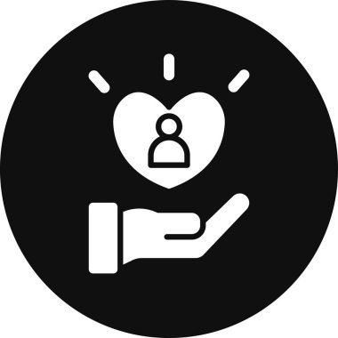 İnsan eli ikonu olan kalp. Kabartma biçimi düz ikonik sembol, yuvarlak açılar, siyah renk, beyaz arkaplan.