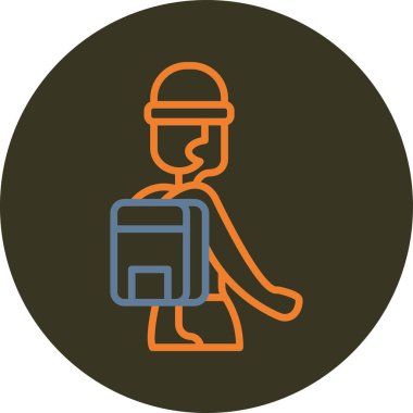 Sırt çantası simgesi olan miğferli bir adamın vektör çizimi