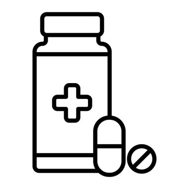 İlaç haplarıyla dolu ilaç şişesi, çizgi simgesi