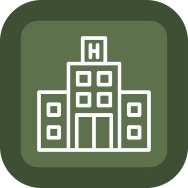 Hastane binası vektör ikonu. biçim düz yuvarlak kare düğmedir, eko yeşil ve gri renkler beyaz arkaplandır