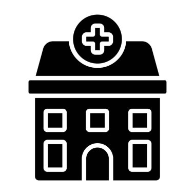 Hastane ikonu. Hastane sembolüyle beyaz arkaplanda izole edilmiş vektör çizimi.