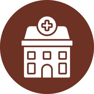 Hastane binası vektör ikonu. biçim düz yuvarlak sembol, kahverengi renk, yuvarlak açılar, beyaz arkaplan.