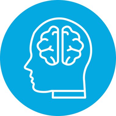 Beyin ikonu. Bu düz raster simgesi yumuşak mavi renk, yuvarlak açılar kullanır ve beyaz arkaplanda izole edilir.