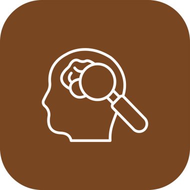 Beyin ikonu. Kabartma biçimi düz simge ve beyaz renklerdir, turuncu arkaplanda yuvarlak kare düğme.