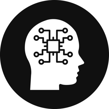 Beyin vektör simgesi. Bu düz yuvarlak sembol siyah renk ve gri renkler kullanır ve beyaz arkaplanda izole edilir