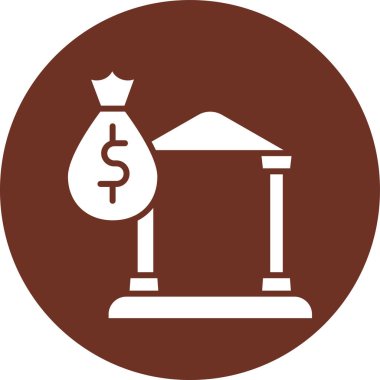 Banka Binası vektör simgesi. Düz daire içinde sembol, kahverengi renk, yuvarlak açılar, beyaz arka plan tarzıdır.