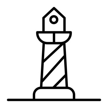 Deniz feneri ikonu. Beyaz arkaplanda izole edilmiş web tasarımı için ana hatlı deniz feneri kulesi vektör simgesi