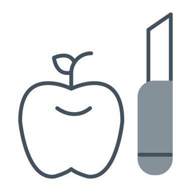 Beyaz arka planda elma ve bıçak çizgisi ikonu, sağlıklı kavram ve sağlıklı elma sembolü, vektör grafikleri