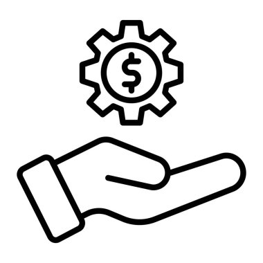 Dolar madeni para ve dişli simgesi ile el, çizgi biçimi