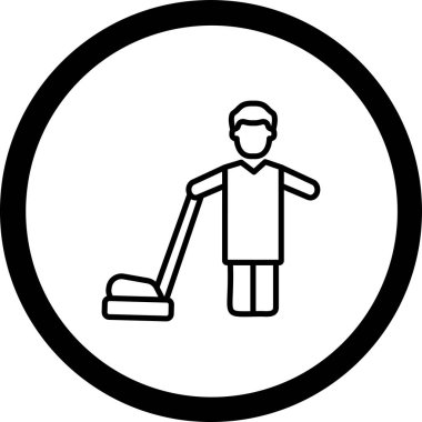 Beyaz tişörtlü ve elinde süpürge olan siyah kauçuk takım elbiseli bir adamın vektör çizimi. beyaz arkaplanda izole edilmiş