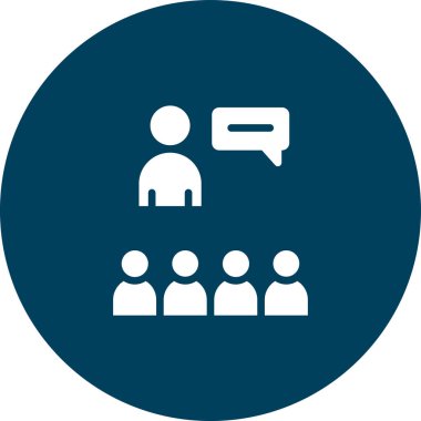 Sunum simgesi. Bu düz yuvarlak vektör düğmesi mavi ve gri renkler kullanır ve beyaz bir arkaplanda izole edilir.