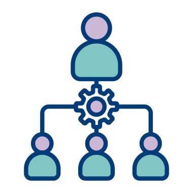 Mavi arkaplan çizimi üzerinde dişli simgesi olan iş adamları