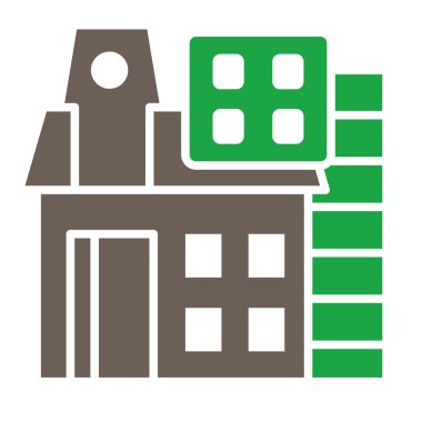 Fabrika binası ikonu. Vektör biçimi yuvarlak açılı düz ikonik sembol, eko yeşil renk, beyaz arkaplan.