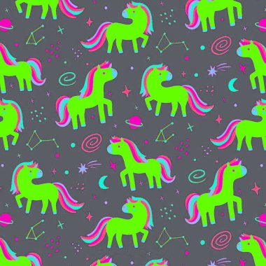 Tek boynuzlu at ve yıldızlı kusursuz desen. vektör illüstrasyonu