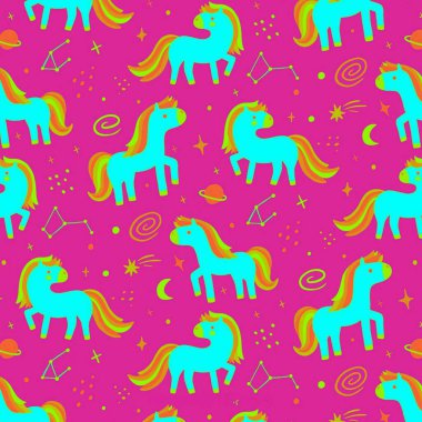 Pembe arka planda güzel tek boynuzlu atlar ve çiçekler çizilmiş kusursuz desenler. vektör illüstrasyonu