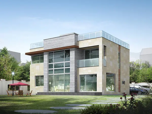 Modern apartmanın dış yüzeyi camdan. Şehir merkezinde güzel bir bahçesi olan modern bir evin 3 boyutlu görüntüsü.