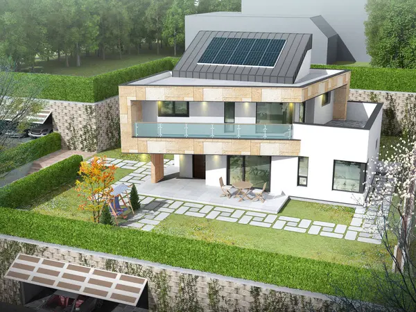 3D bahçeli modern ev. 
