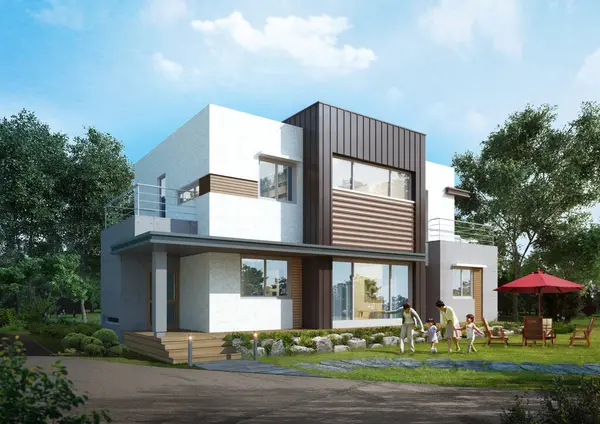 Bahçede güzel bir evi olan modern bir evin 3 boyutlu görüntüsü.
